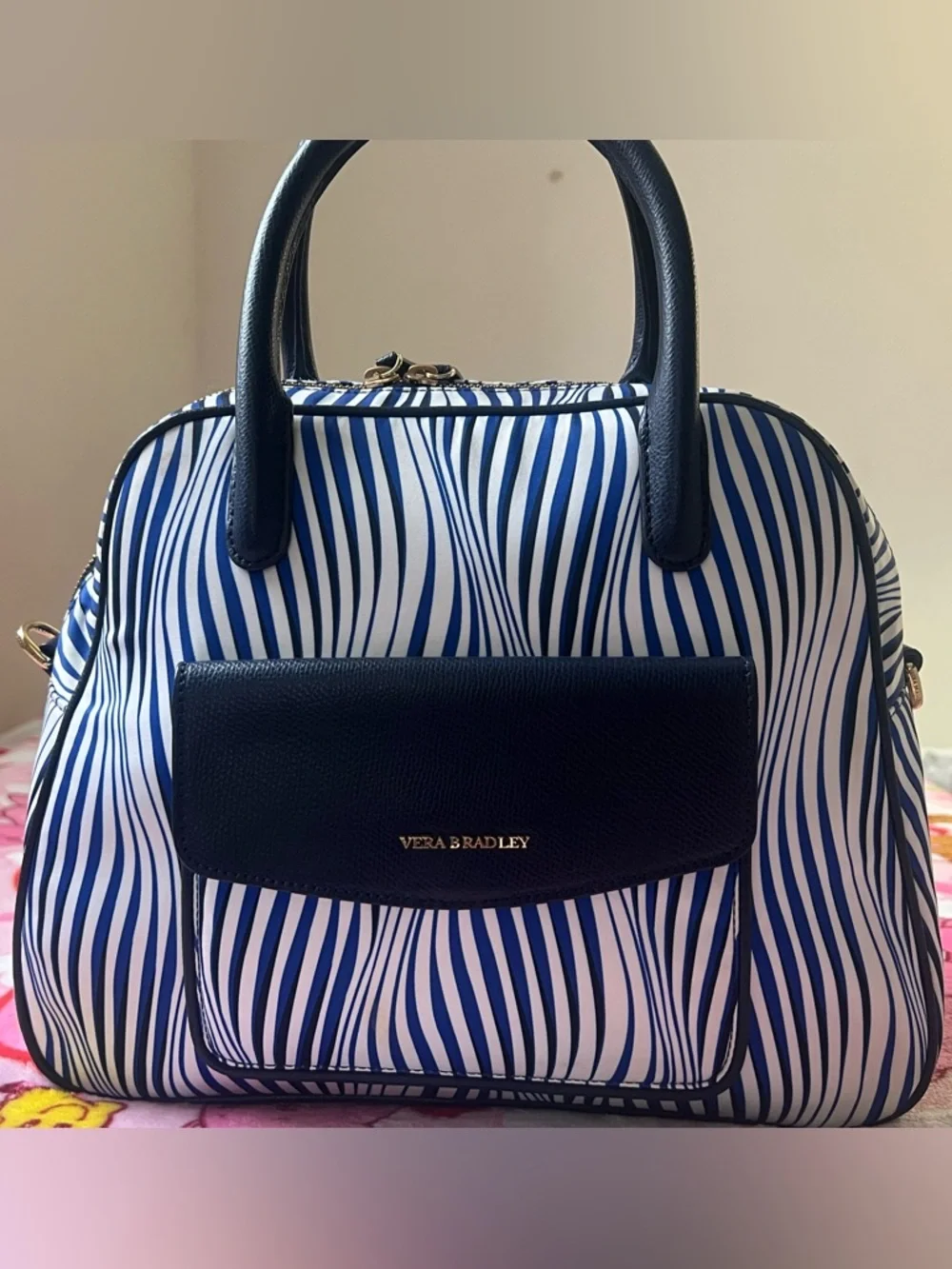 Vera Bradley Navy and White Wave Stripe Satchel - Picture 7 of 16